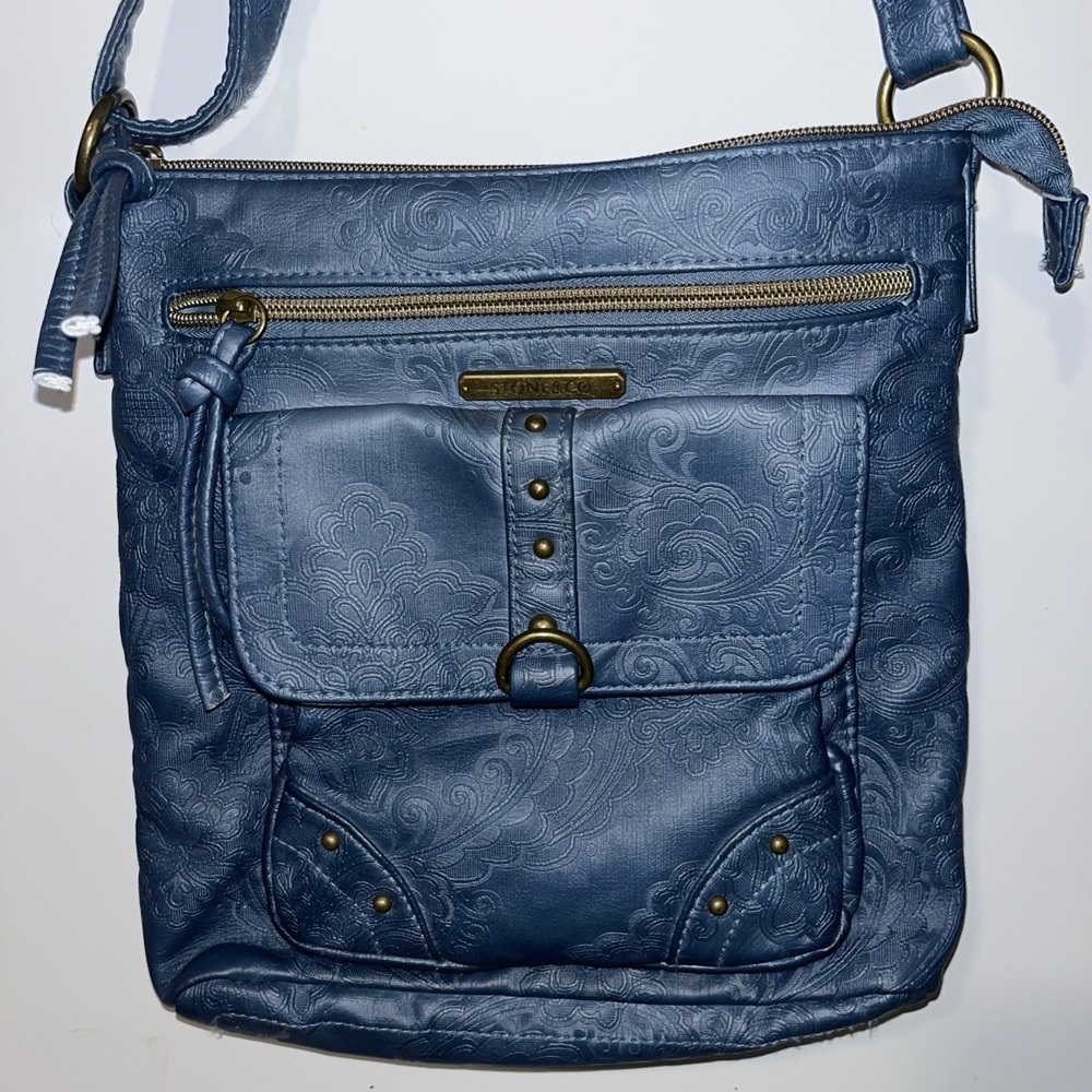 Stone & Co. Embossed Blue Vegan Leather Crossbody Hobo Bag Boho Purse